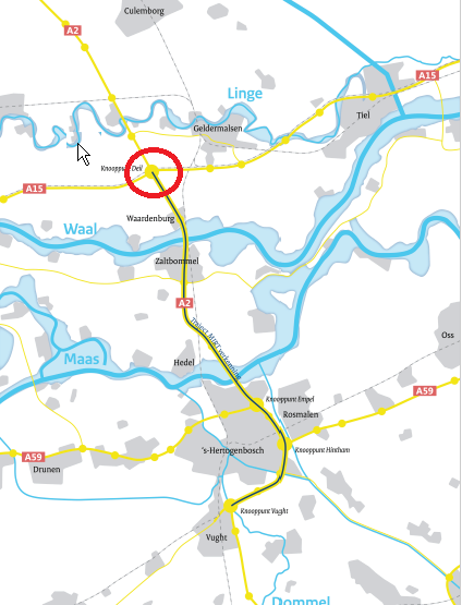 Een landkaart met daarop een markering van knooppunt Deil